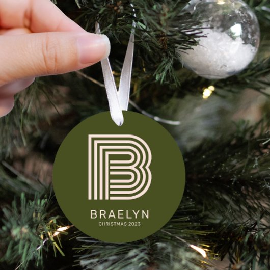 レトロモノグラムと名前オレンジとグリーンクリスマス メタルオーナメント