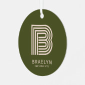 レトロモノグラムと名前オレンジとグリーンクリスマス メタルオーナメント (正面左)