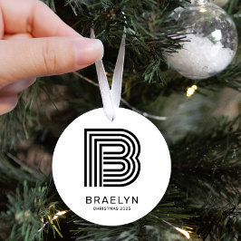 レトロモノグラムと名前ブラッククリスマスとホワイトクリスマス メタルオーナメント
