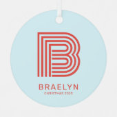 レトロモノグラムと名前レッドとブルークリスマス メタルオーナメント (正面)