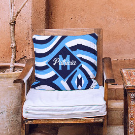 レトロモノグラムの70sネイビーブルーティール(緑がかった色)サイケデリック クッション