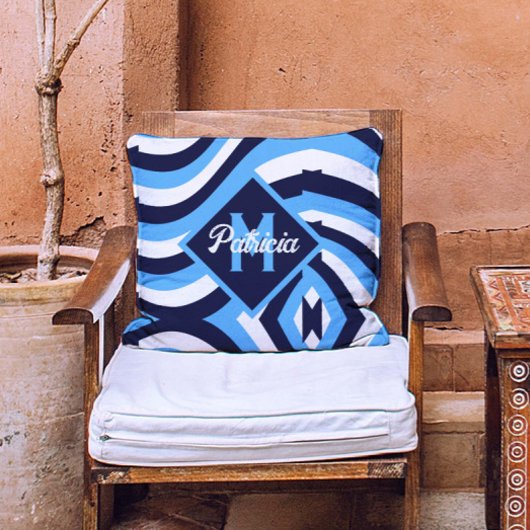 レトロモノグラムの70sネイビーブルーティール（緑がかった色）サイケデリック クッション