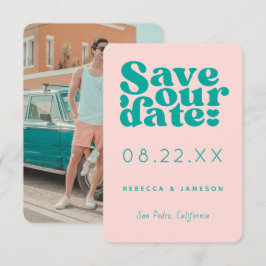 レトロユニオンピンクとターコイズの結婚式Save the Date 招待状