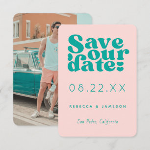 レトロユニオンピンクとターコイズの結婚式Save the Date 招待状