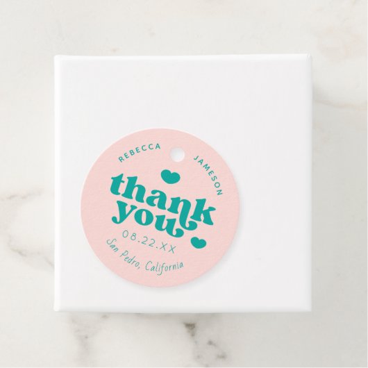 レトロユニオンピンクとティール(緑がかった色)の結婚ありがとう フェイバータグ (インサイチュ)