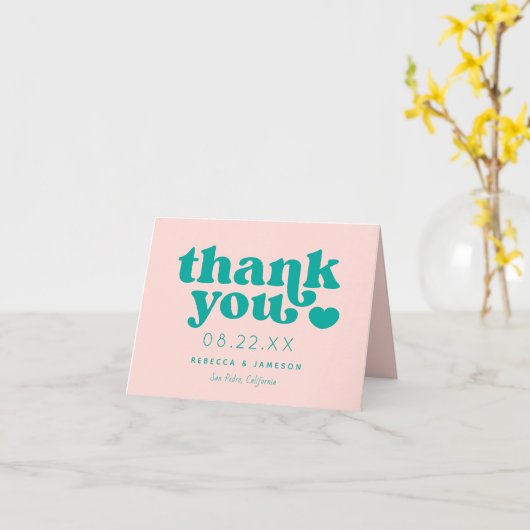 レトロユニオンピンクとティール（緑がかった色）結婚のサンキューカード カード (黄色い花)