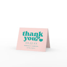 レトロユニオンピンクとティール（緑がかった色）結婚のサンキューカード