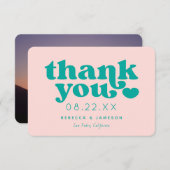 レトロユニオンピンクとティール(緑がかった色)結婚のサンキューカード 招待状 (正面/裏面)