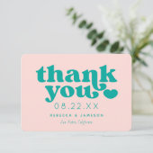 レトロユニオンピンクとティール(緑がかった色)結婚のサンキューカード 招待状 (スタンド正面)
