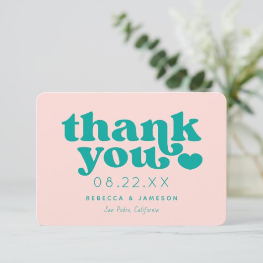 レトロユニオンピンクとティール（緑がかった色）結婚のサンキューカード 招待状 (スタンド正面)