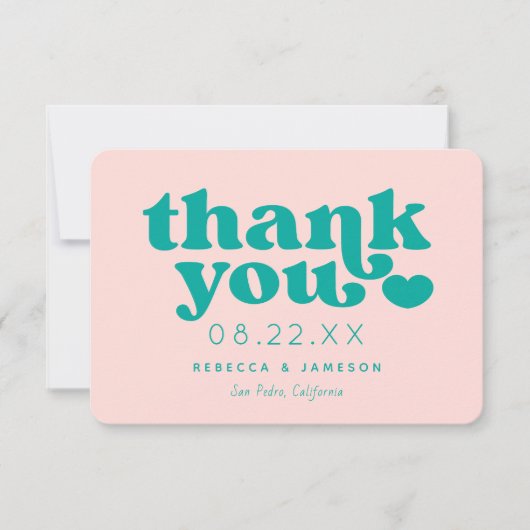 レトロユニオンピンクとティール(緑がかった色)結婚のサンキューカード 招待状 (正面)