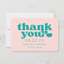 レトロユニオンピンクとティール（緑がかった色）結婚のサンキューカード 招待状