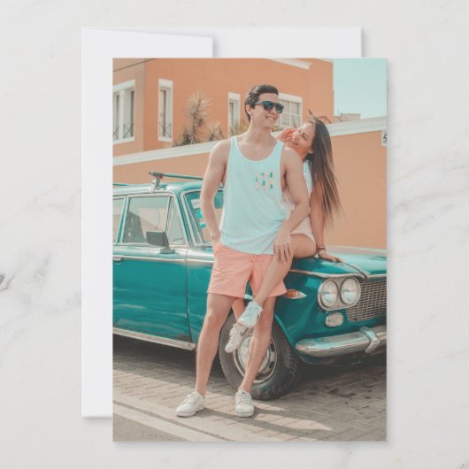 レトロユニオンピンク&ティール(緑がかった色)結婚ズ セーブザデート (裏面)