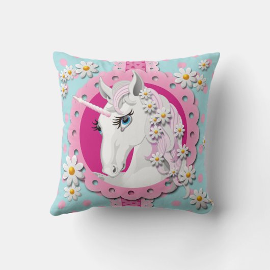 レトロユニコーンとデイジーパターンの青 クッション (裏面)