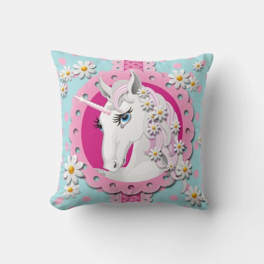 レトロユニコーンとデイジーパターンの青 クッション (正面)