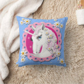 レトロユニコーンとデイジーパターンの青 クッション (ブランケット)