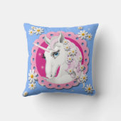 レトロユニコーンとデイジーパターンの青 クッション (裏面)