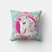 レトロユニコーンとデイジーパターンの青 クッション (正面)