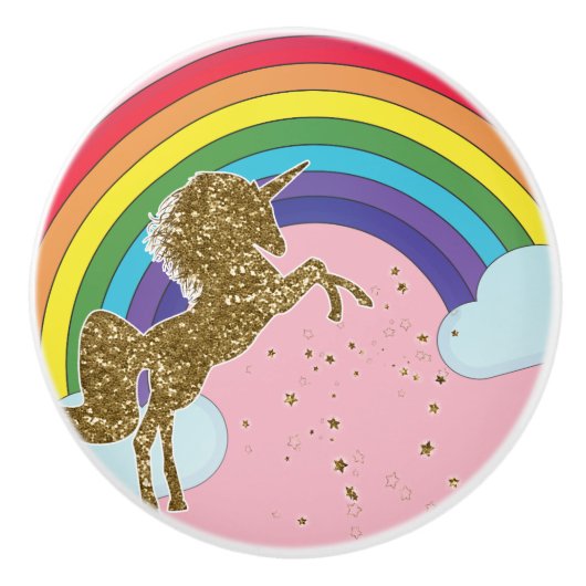 レトロユニコーンレインボー&金ゴールドスターズガールズ セラミックノブ (正面)