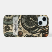 レトロユニークオートバイとギアの電話ケース iPhone 15ケース (裏面横)