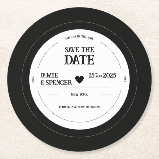 レトロユニークレコード結婚式の日付の保存 ラウンドペーパーコースター (正面)