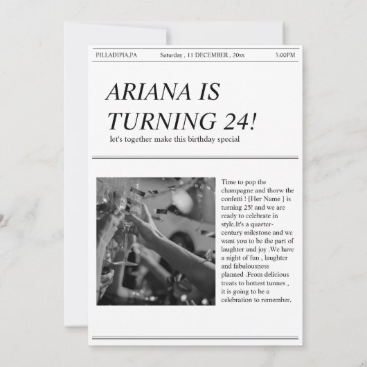 レトロユニーク新聞の誕生日パーティーへの招待 招待状 (裏面)