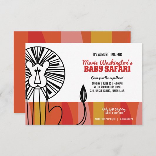 レトロライオンの女の子ベビーシャワーサファリ 招待状 (正面/裏面)