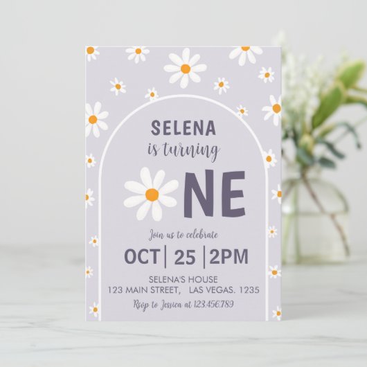 レトロライトパープル最初の誕生日パーティーの招待 招待状 (スタンド正面)