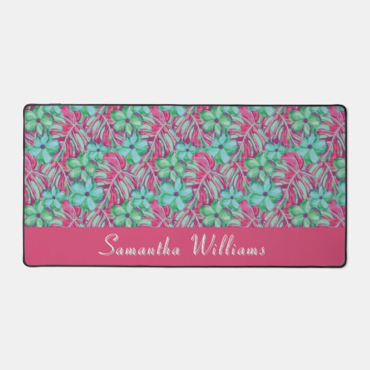 レトロライトピンクと緑の花模様 デスクマット (正面)