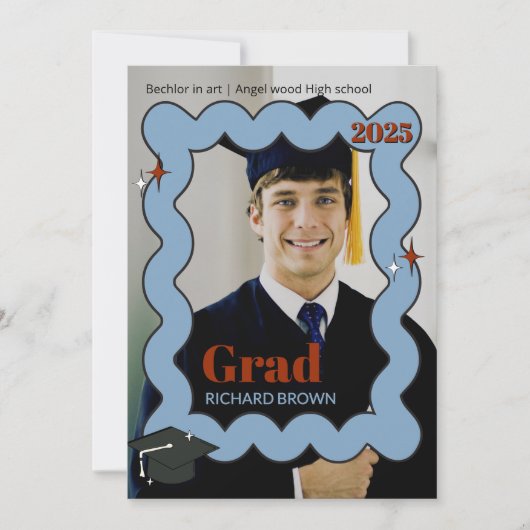 レトロライトブルーの波状卒業招待状 案内状 (正面)