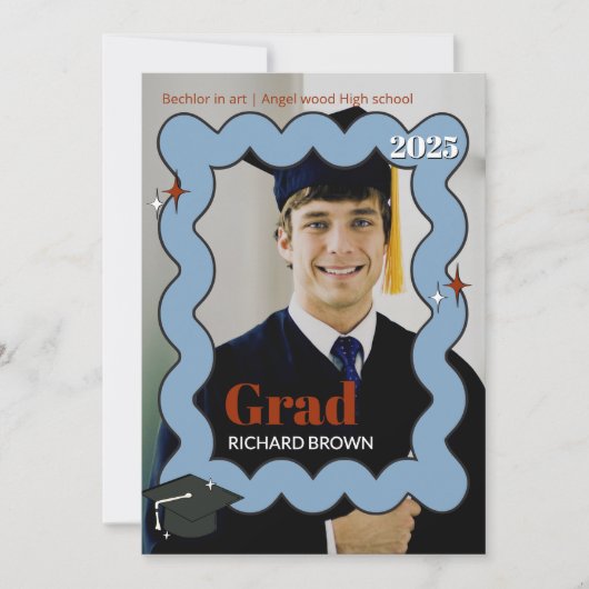 レトロライトブルーの波状卒業招待状 案内状 (正面)