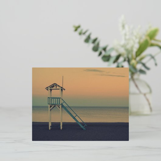 レトロライフガードビーチタワーサンセットフォト 箔シーズンポストカード (立ち正面)