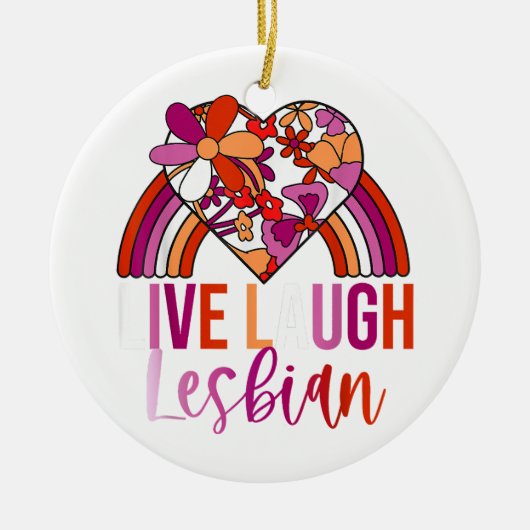 レトロライブ笑いレズビアンレインボーフローラハートPrid セラミックオーナメント (正面)