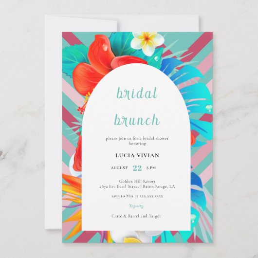 レトロライントロピカルマゼンタ明るい赤紫色ブライダルシャワー 招待状 (正面)