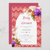 レトロラインフローラマゼンタ明るい赤紫色ベビーシャワー 招待状 (正面/裏面)