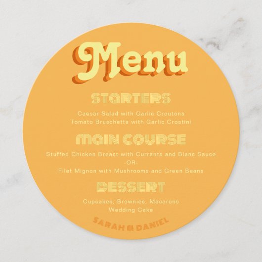 レトロラウンドGroovy 70sオレンジイエロー結婚のメニュー メニュー (正面)