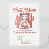 レトロラストディスコ女性のカーボーイバッハパーティー週末金ゴールド 箔招待状 (正面)