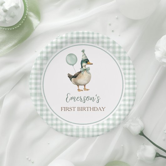 レトロラッキーダックサージグリーンジンガム1st誕生日 ペーパープレート