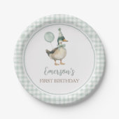 レトロラッキーダックサージグリーンジンガム1st誕生日 ペーパープレート (正面)