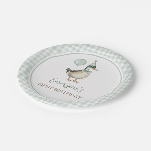 レトロラッキーダックサージグリーンジンガム1st誕生日 ペーパープレート (アングル)
