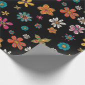 レトロラッピング紙 – ブラックフローラドードル ラッピングペーパー (角)