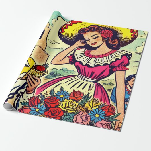 レトロラブカップル漫画 ラッピングペーパー (アンロールド)