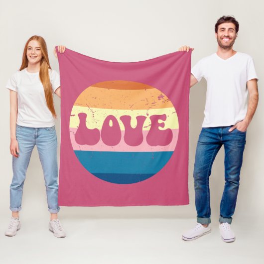 レトロラブタイポグラフィオンヴィンテージサンセットストライプズ フリースブランケット (インサイチュ)