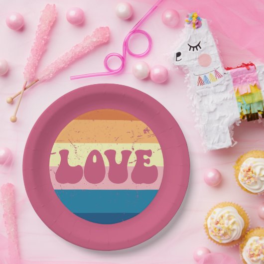 レトロラブタイポグラフィオンヴィンテージサンセットストライプズ ペーパープレート (パーティー)