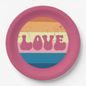 レトロラブタイポグラフィオンヴィンテージサンセットストライプズ ペーパープレート (正面)