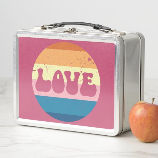レトロラブタイポグラフィオンヴィンテージサンセットストライプズ メタルランチボックス (インサイチュ)