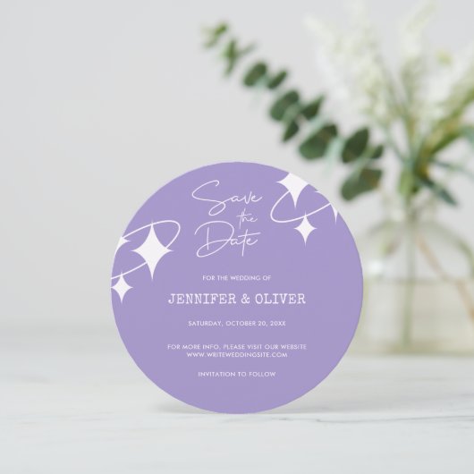レトロラベンダーディスコボールウェディング日付を保存 招待状 (スタンド正面)