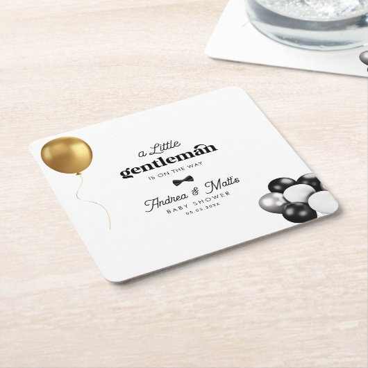 レトロリトルジェントンバルーン男の子のシャワー スクエアペーパーコースター (アングル)