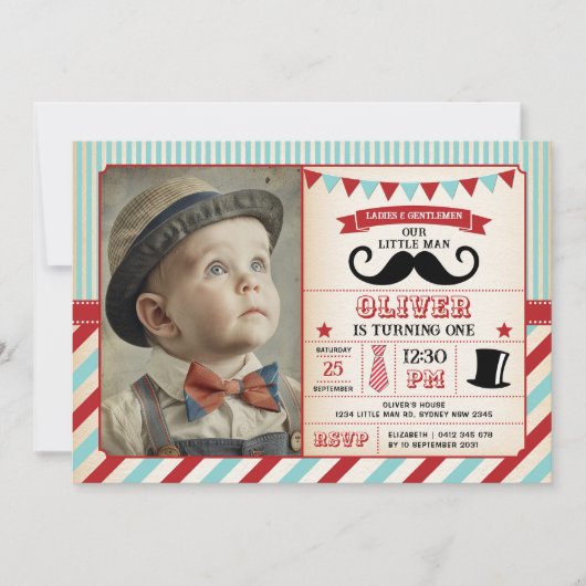 レトロリトルマンムスタッシュ1stバースデーボーイ写真 招待状 (正面)