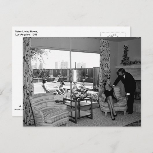 レトロリビングルーム、ロサンゼルス、1951ヴィンテージ ポストカード (正面/裏面)